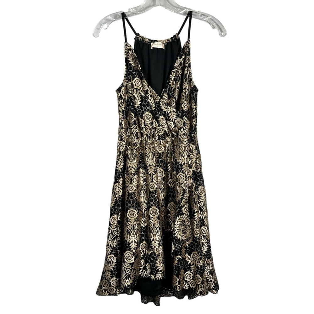 Altar'd State Black Metallic Gold Lace Layered Fit & Flare Halter Neck Dress S